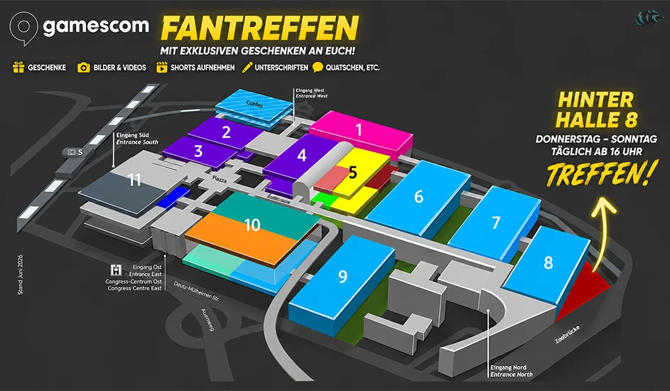 Lageplan der gamescom mit dem Treffpunkt hinter Halle 8